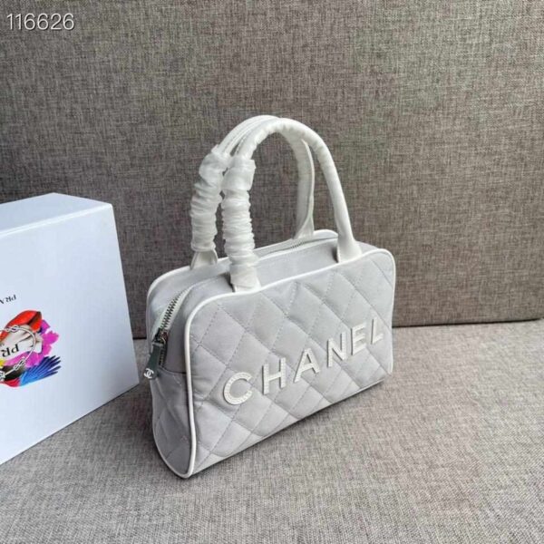 Chanel Vintage Logo Bowler Quilted Medium Gray Canvas Tote replica
