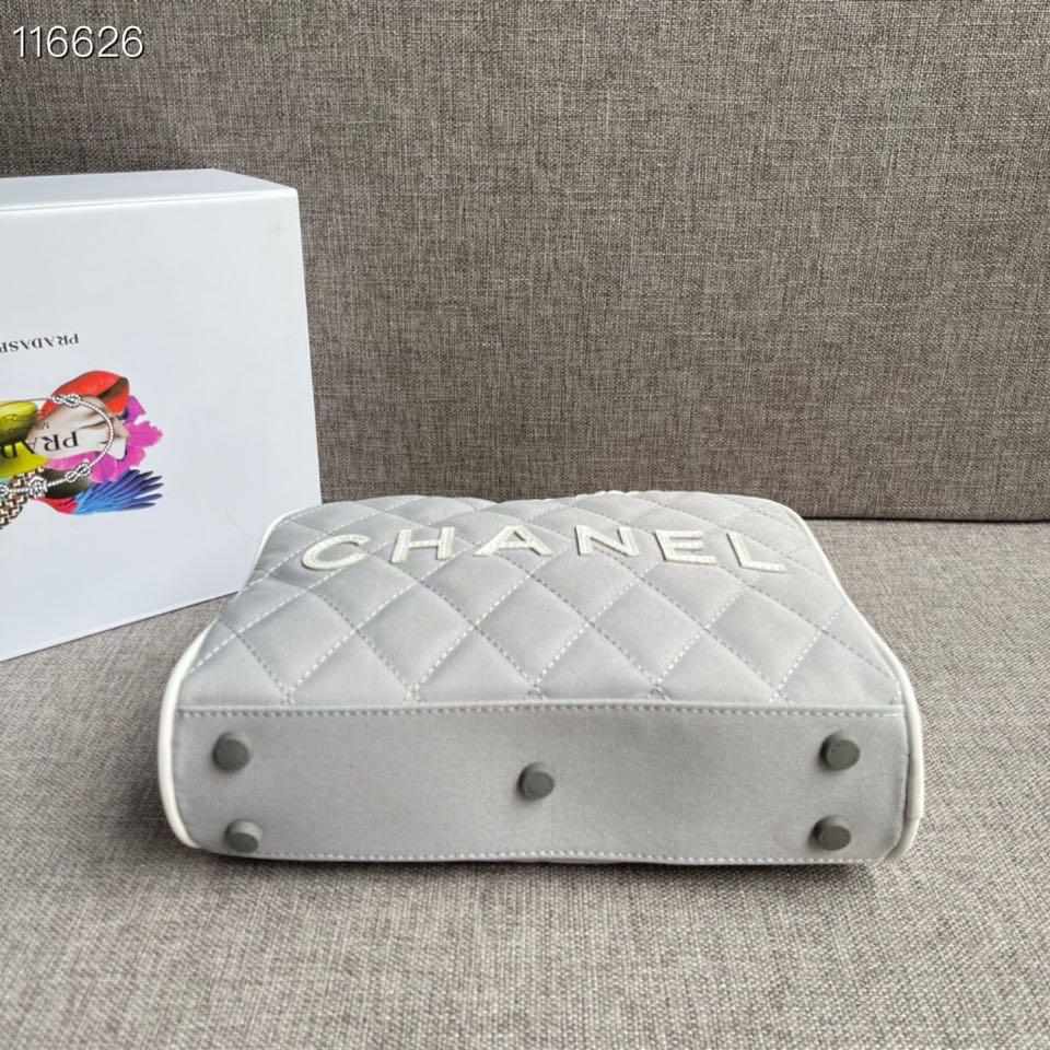 Chanel Vintage Logo Bowler Quilted Medium Gray Canvas Tote replica