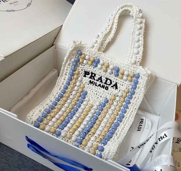 PRADA Raffia Embroidered Wood Tote Bag replica