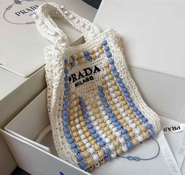 PRADA Raffia Embroidered Wood Tote Bag replica