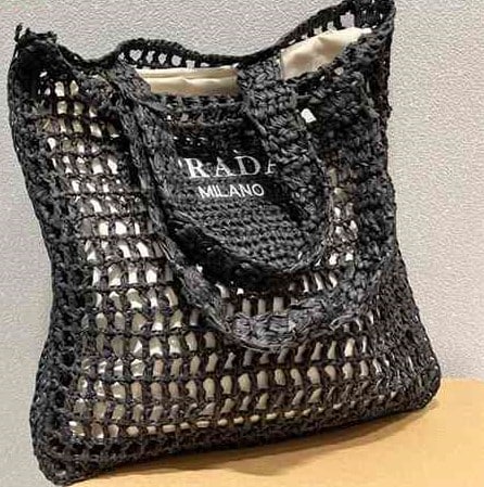 PRADA Raffia Embroidered Logo Tote Bag