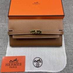 LV wallet in burgundy and Hermes wallet in tan brown