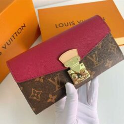 LV wallet in burgundy and Hermes wallet in tan brown